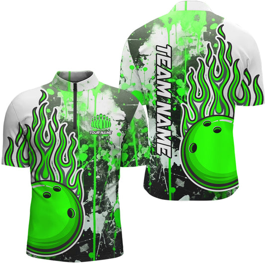 Grüne Camo-Flammen-Bowling-Quarter-Zip-Hemden für Herren, individuelle Bowlingteam-Trikots, Bowlingliga IPHW5420