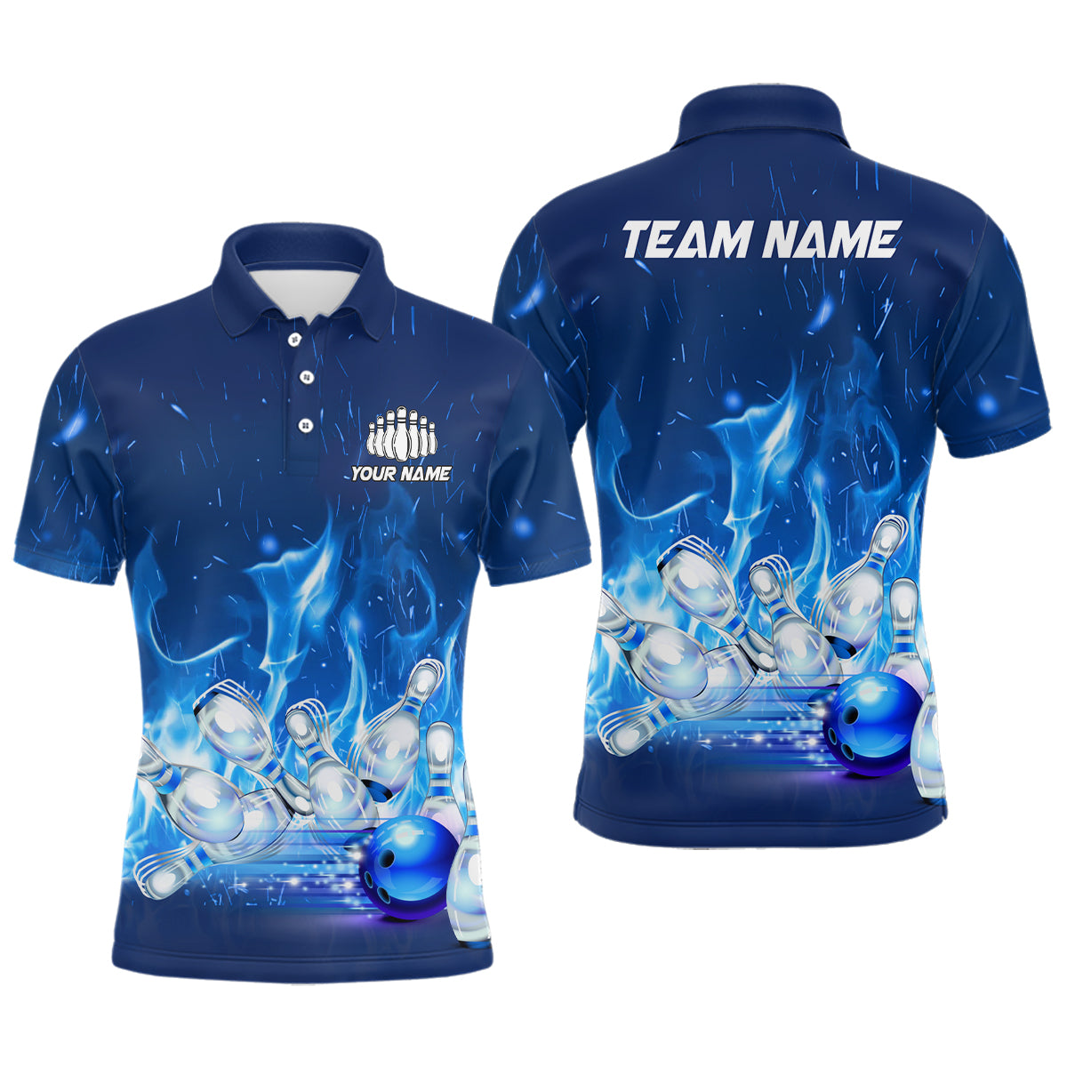 Individuelle Bowlinghemden für Herren, blaue Flammen-Bowlingteam-Trikots, Bowlingliga-Outfits, Bowler-Geschenke IPHW5493