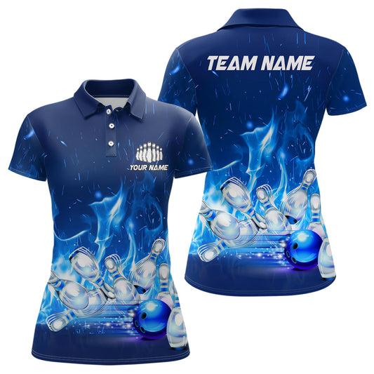 Individuelle Bowlinghemden für Damen, blaue Flammen-Bowlingteam-Trikots, Bowlingliga-Outfits, Bowler-Geschenke IPHW5493