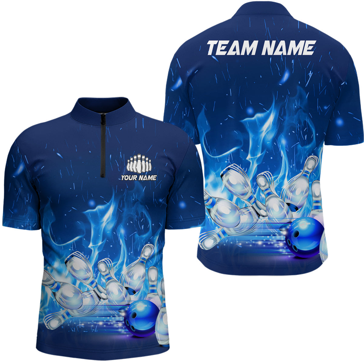 Individuelle Bowlinghemden für Herren, blaue Flammen-Bowlingteam-Trikots, Bowlingliga-Outfits, Bowler-Geschenke IPHW5493