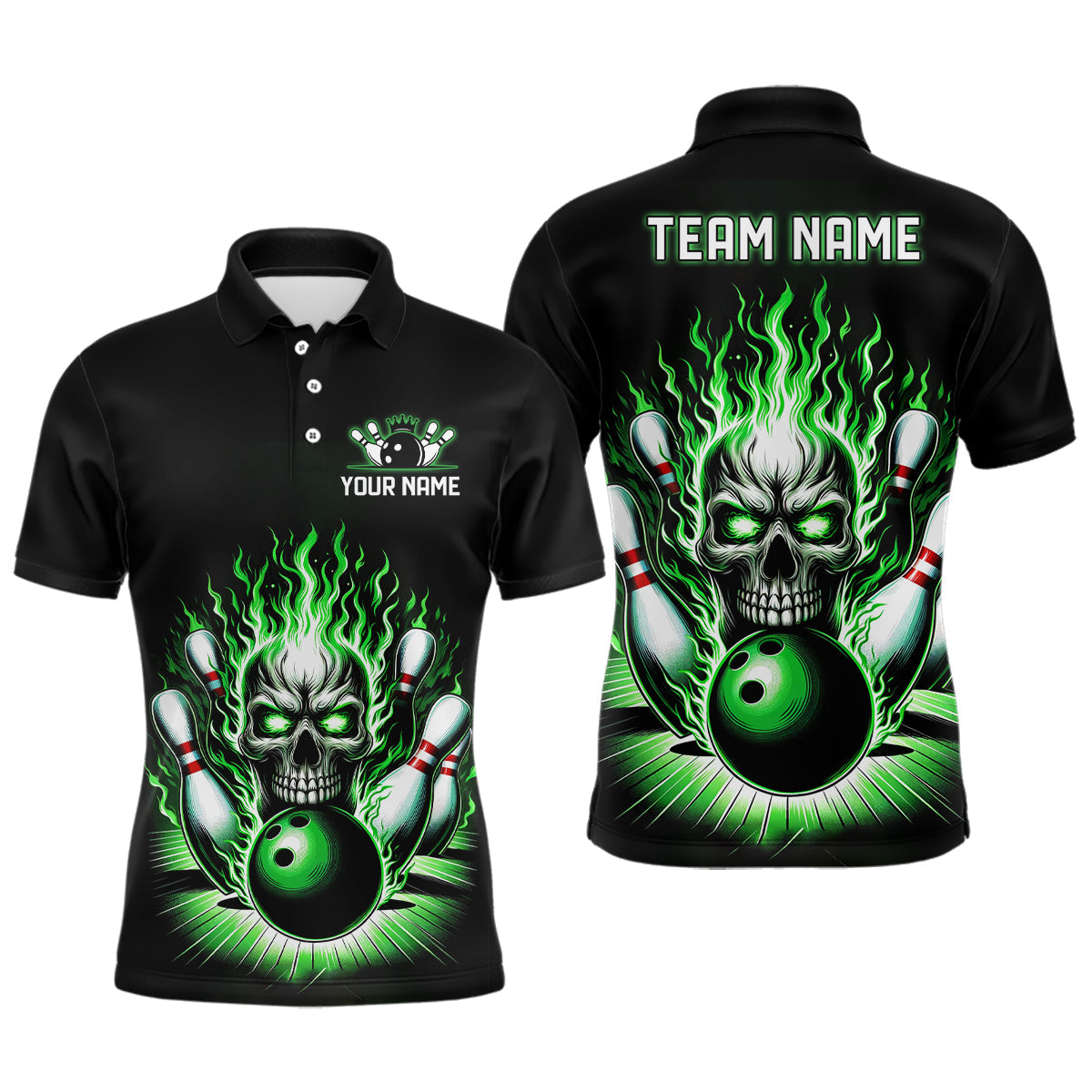 Personalisiertes Schädel-Bowlinghemd für Herren, individuelles Bowlingteam-Flammen-Bowler-Trikot | Grün IPHW5820