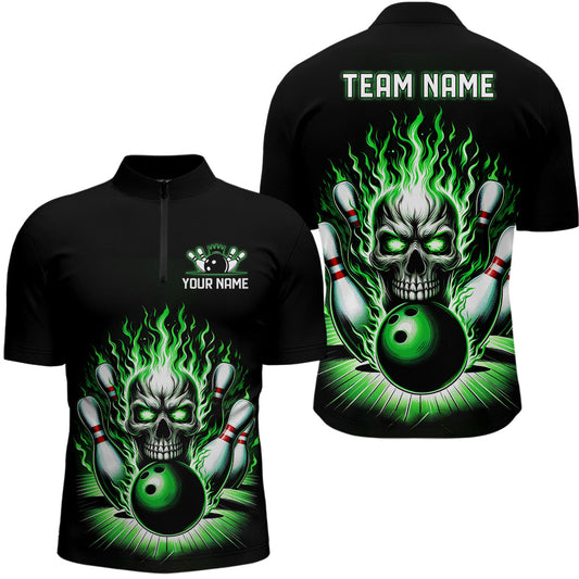 Personalisiertes Schädel-Bowlinghemd für Herren, individuelles Bowlingteam-Flammen-Bowler-Trikot | Grün IPHW5820