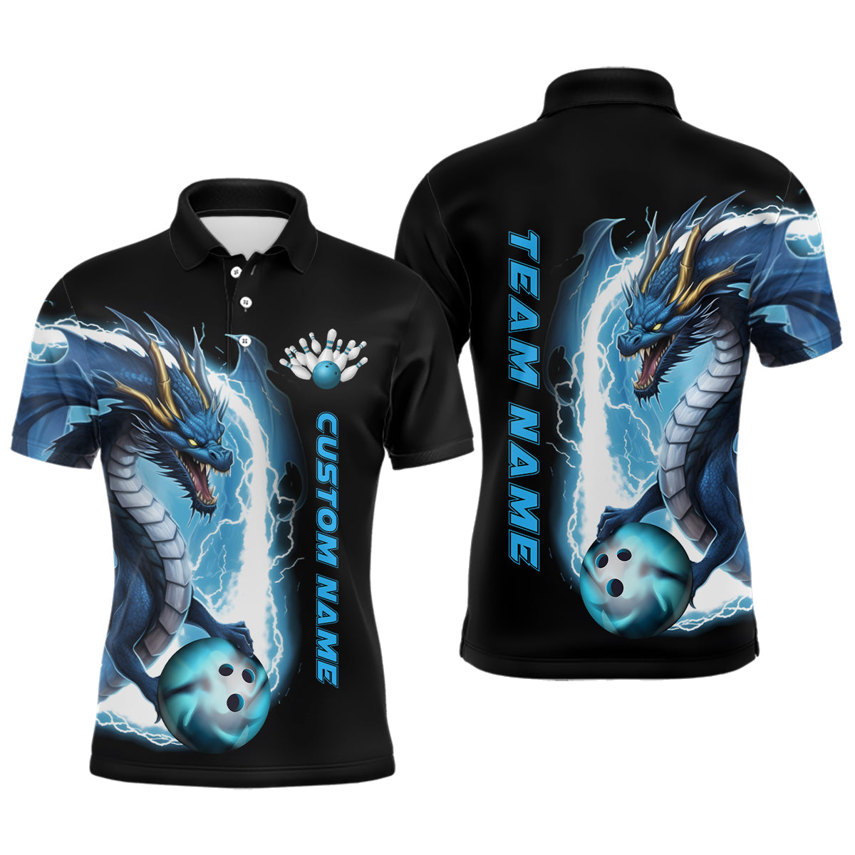 Individuelle blaue Thunder Lightning Drachen-Bowling-Polohemden für Herren, Drachen-Bowlingteam-Trikots, Outfits IPHW5337