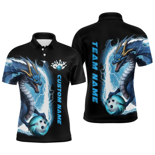 Individuelle blaue Thunder Lightning Drachen-Bowling-Polohemden für Herren, Drachen-Bowlingteam-Trikots, Outfits IPHW5337