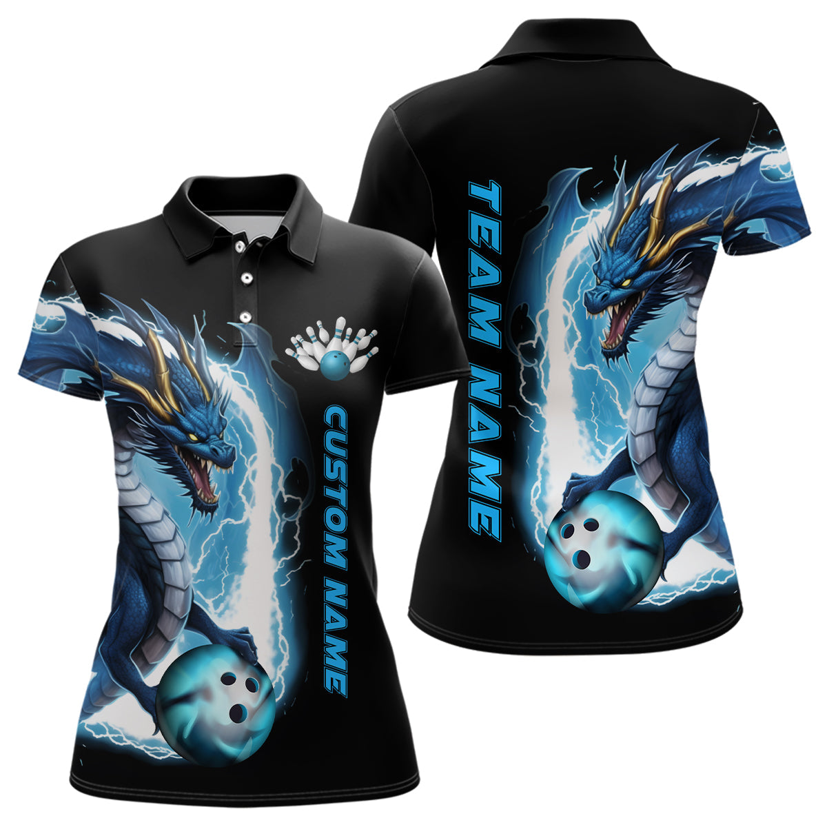 Individuelle blaue Thunder Lightning Drachen-Bowling-Polohemden für Damen, Drachen-Bowlingteam-Trikots IPHW5337