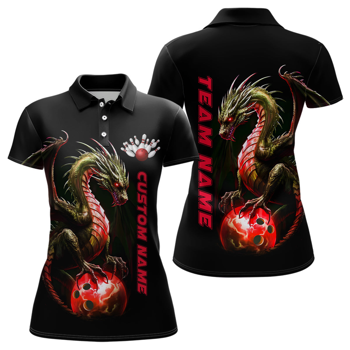 Personalisierte rote Drachen-Bowlingteam-Trikots für Damen, Polohemden, Bowlingliga-Hemden IPHW5355