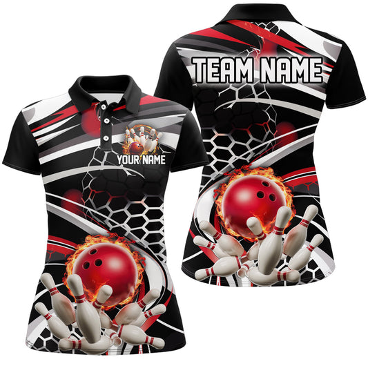 Rot-schwarzes individuelles Flammen-Bowling-Outfit, Damen-Bowlingteam-League-Hemden IPHW6771