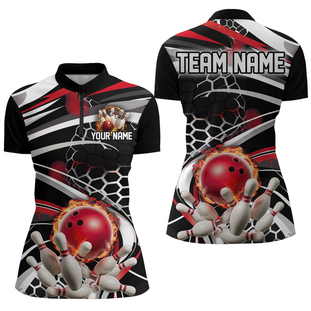 Rot-schwarzes individuelles Flammen-Bowling-Outfit, Damen-Bowlingteam-League-Hemden IPHW6771