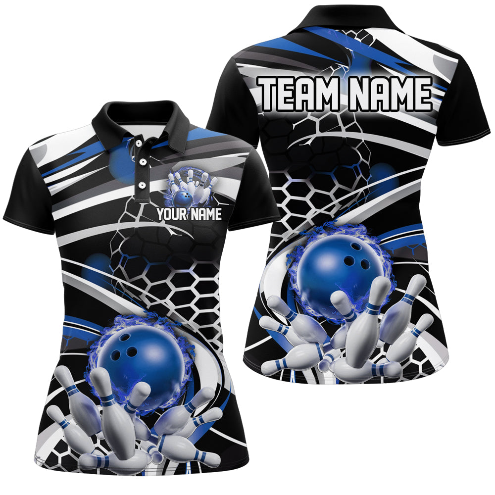 Blau-schwarzes individuelles Flammen-Bowling-Outfit, Damen-Bowlingteam-League-Hemden IPHW6772