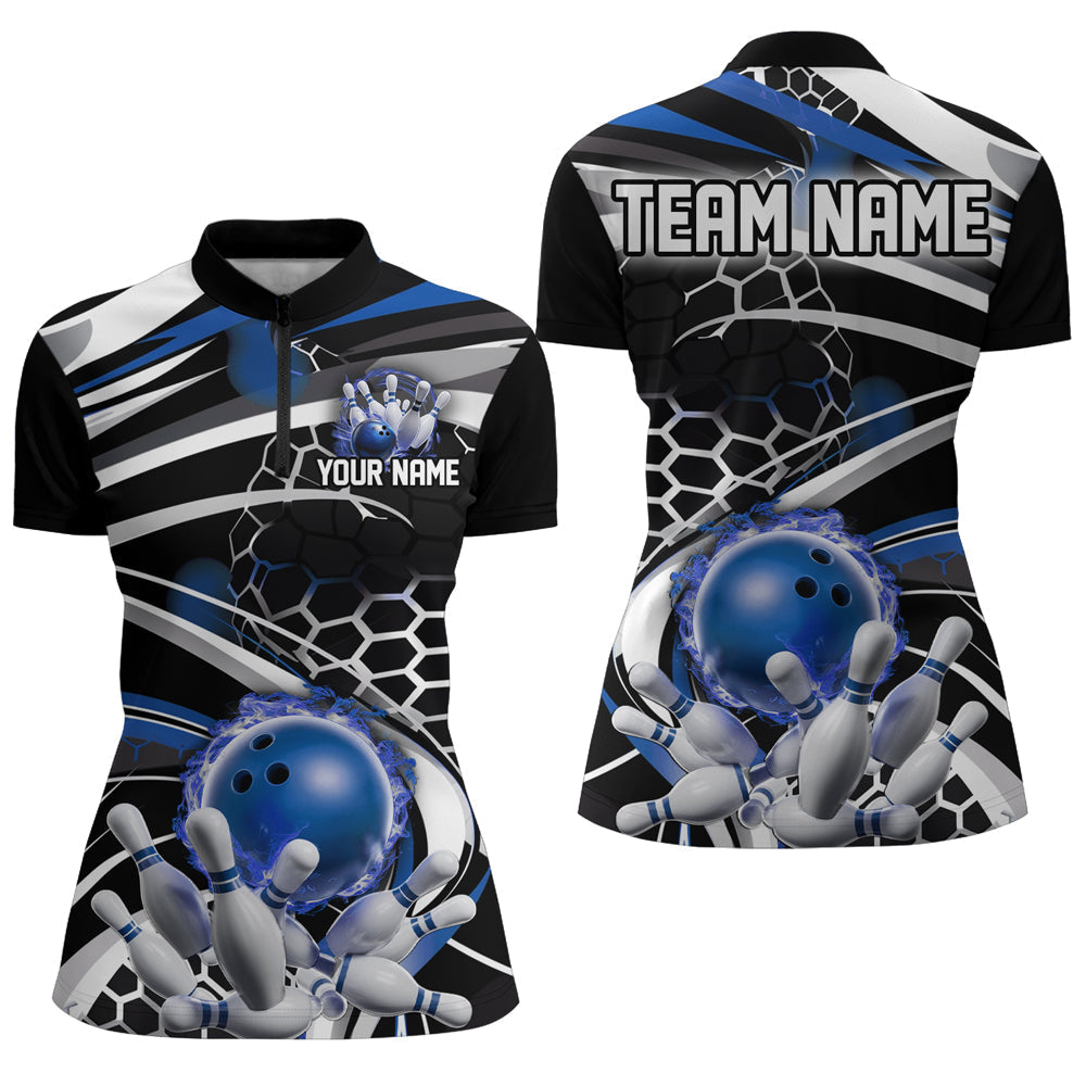 Blau-schwarzes individuelles Flammen-Bowling-Outfit, Damen-Bowlingteam-League-Hemden IPHW6772