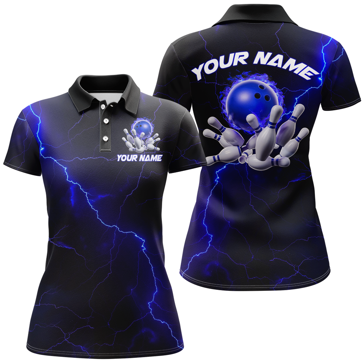 Blaue "Thunder Lightning"-Flammen-Bowlingkugel, individuelle Bowlingteam-Hemden für Damen, Bowler IPHW6716