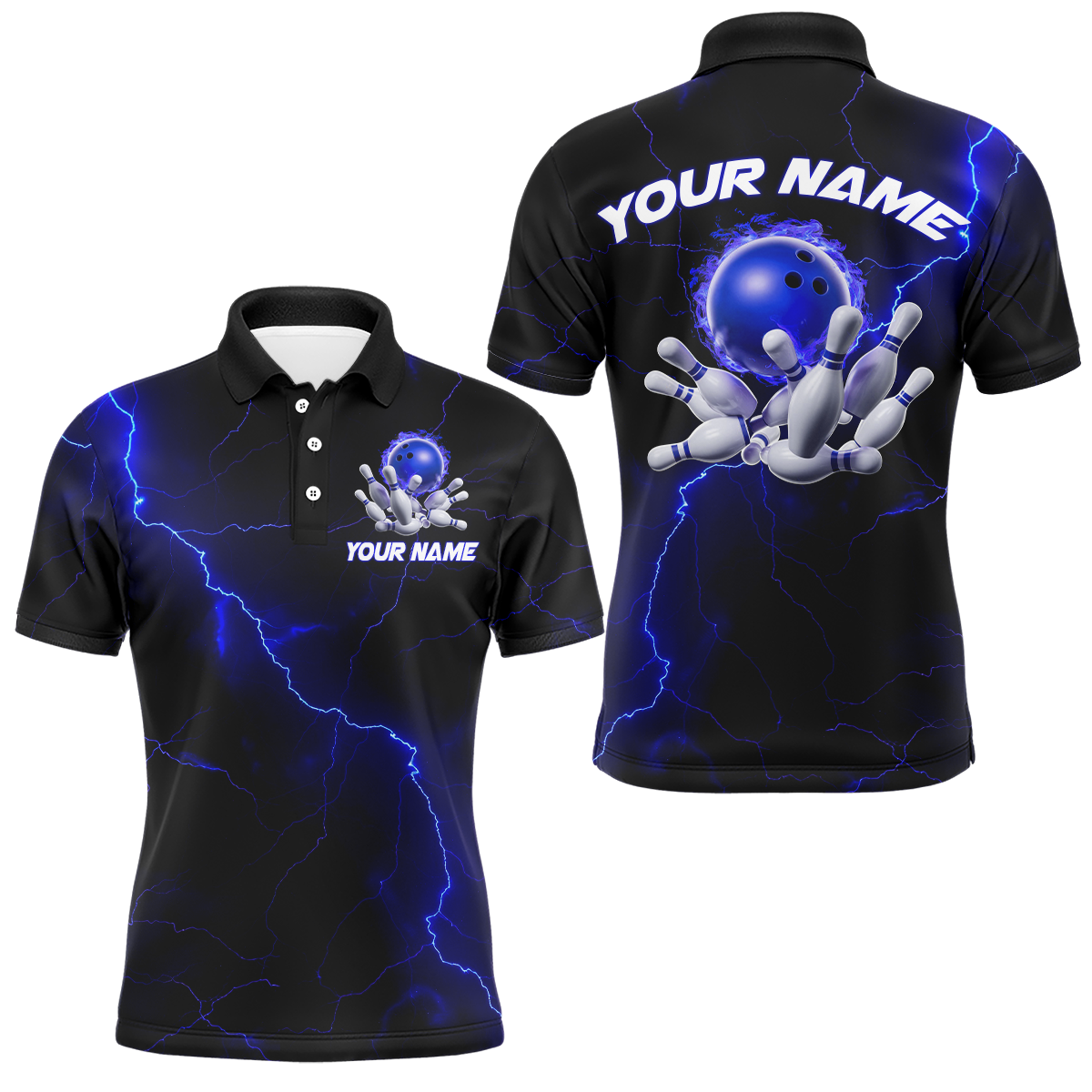 Blaue "Thunder Lightning"-Flammen-Bowlingkugel, individuelle Bowlingteam-Hemden für Herren und Damen, Bowler IPHW6716