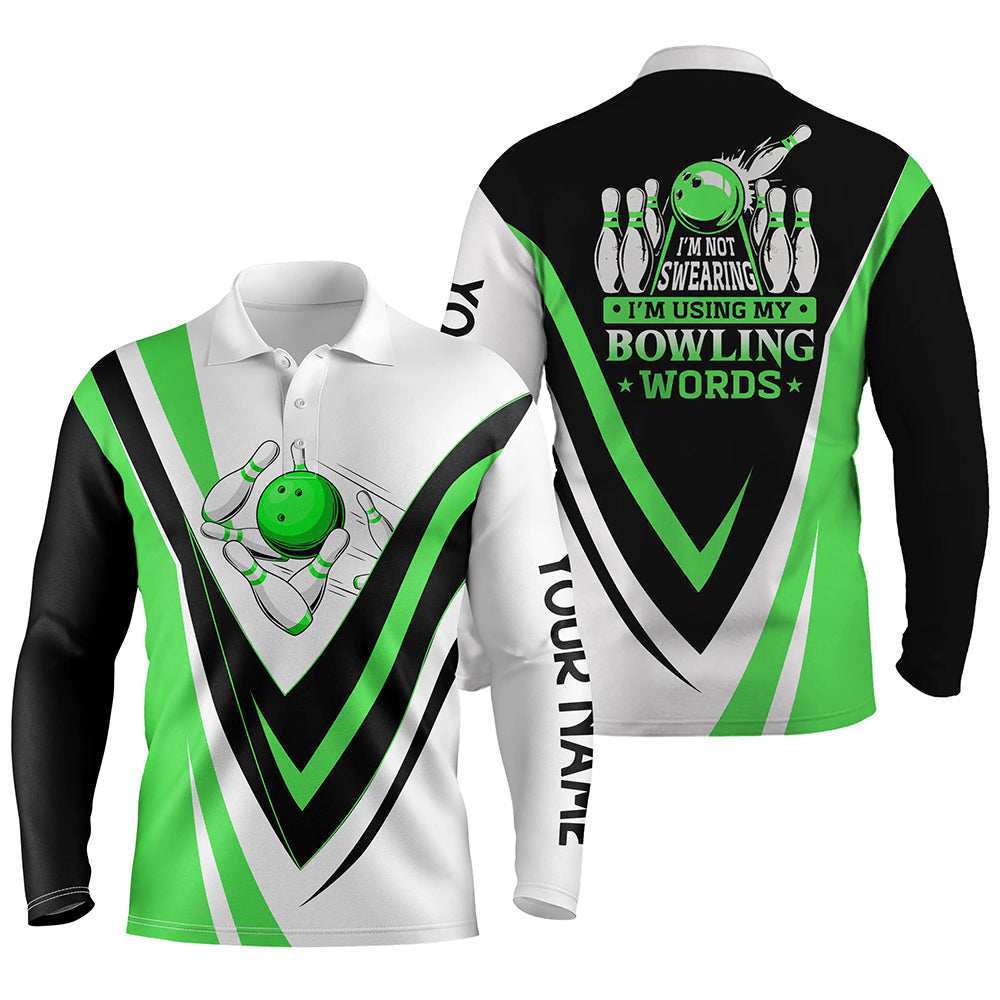 Individuelle Bowling-Poloshirts für Herren – „I'm not swearing, I'm using my bowling words“ Grüne Bowl-Shirts NQS6632