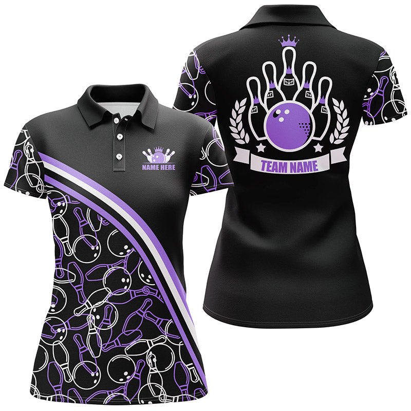 Personalisierte Bowling-Poloshirts für Damen – Schwarz-Lila Bowling-Muster, Team-Bowling-Trikots NQS6531