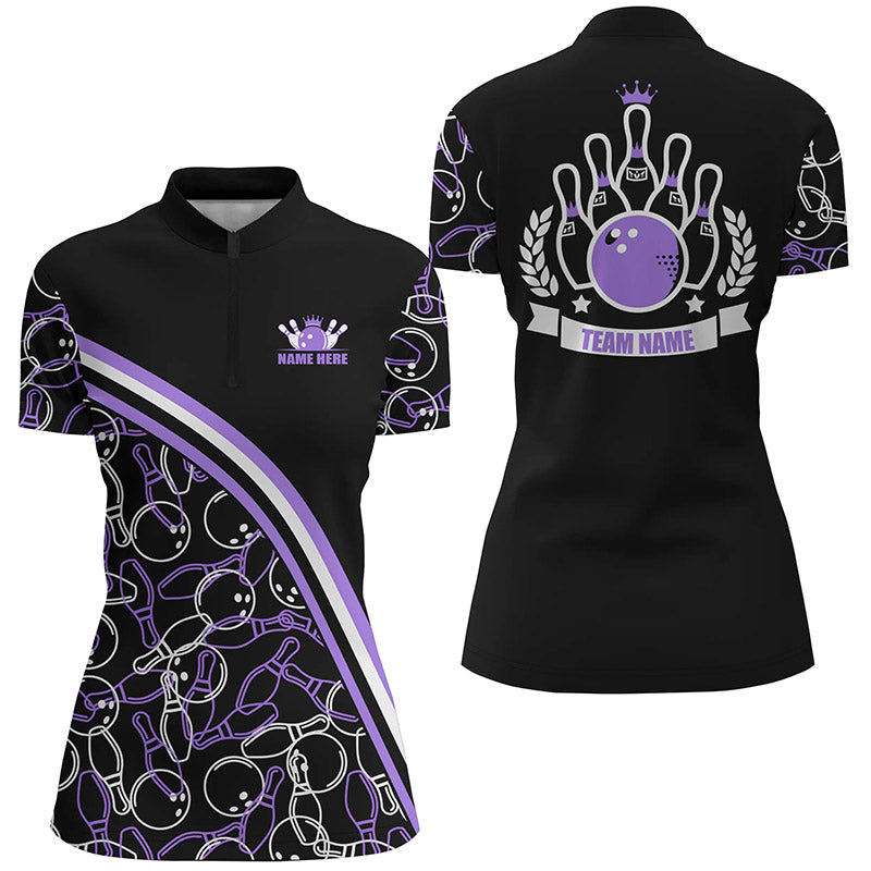 Personalisierte Bowling-Quarter-Zip-Shirts für Damen – Individueller Name, Schwarz-Lila Bowling-Muster, Team-Bowling-Trikots NQS6531