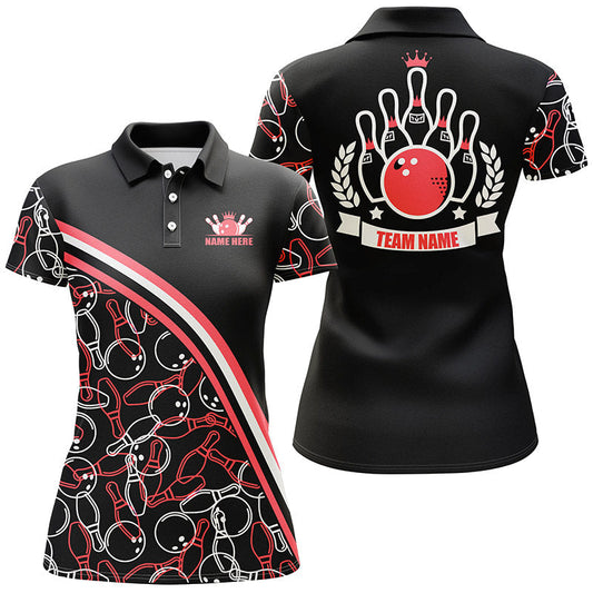 Personalisierte Bowling-Poloshirts für Damen – Schwarz-Rotes Bowling-Muster, Team-Bowling-Trikots NQS6533