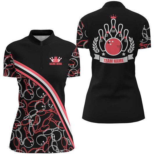 Personalisierte Bowling-Quarter-Zip-Shirts für Damen – Individueller Name, Schwarz-Rotes Bowling-Muster, Team-Bowling-Trikots NQS6533