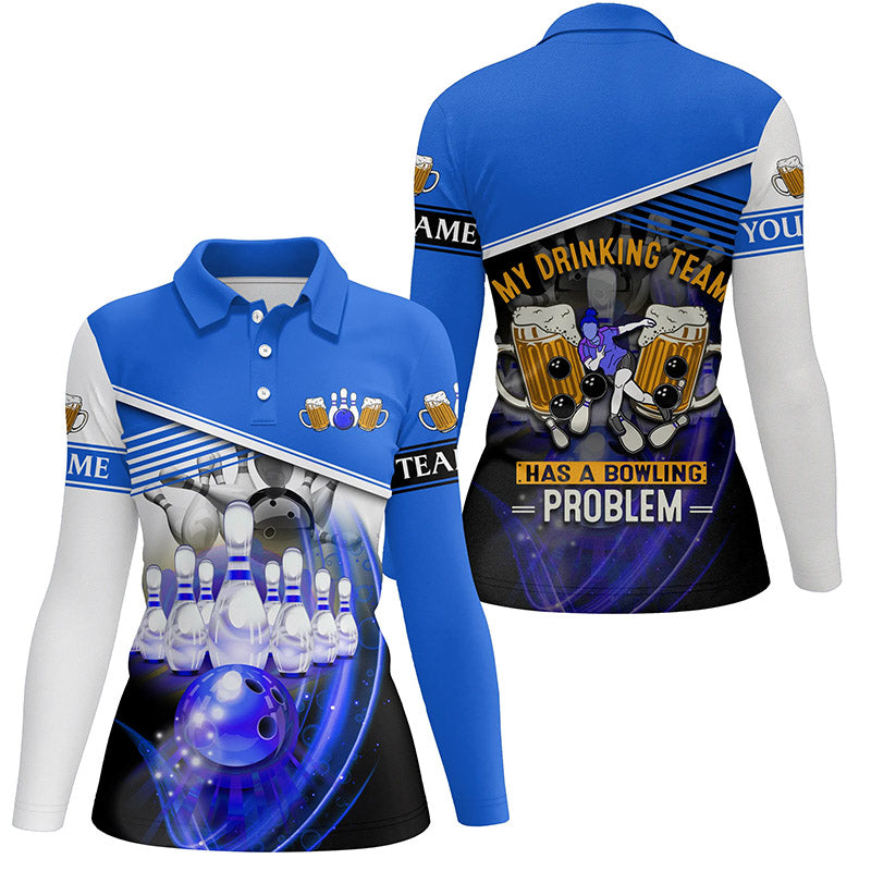 Damen-Bowling-Poloshirts – „My drinking team has a bowling problem“ Team-Liga-Trikots | Blau NQS6534