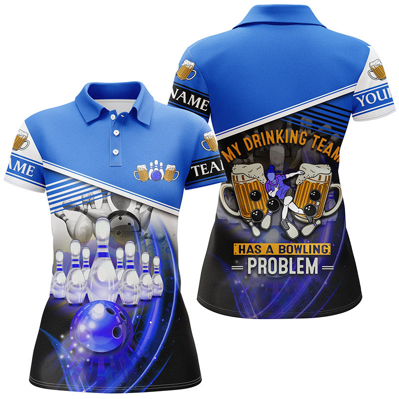 Damen-Bowling-Poloshirts – „My drinking team has a bowling problem“ Team-Liga-Trikots | Blau NQS6534