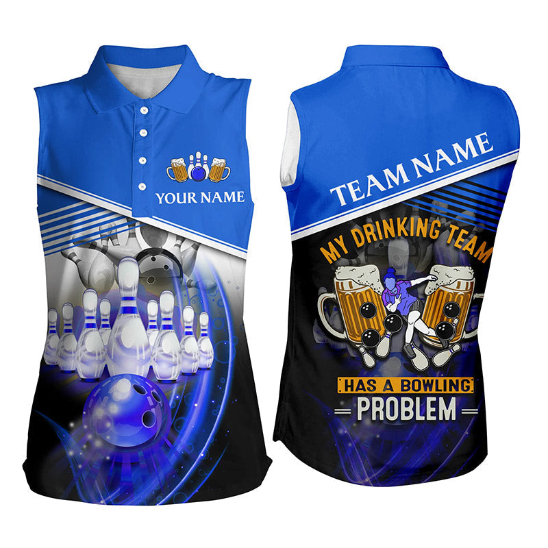 Damen-Ärmellose Bowling-Poloshirts – „My drinking team has a bowling problem“ Team-Liga-Trikots | Blau NQS6534