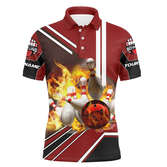 Personalisierte Herren-Bowling-Poloshirts, Flammen-Bowlingkugel und Pins, Bowling-Polo für Männer | Rot NQS4504