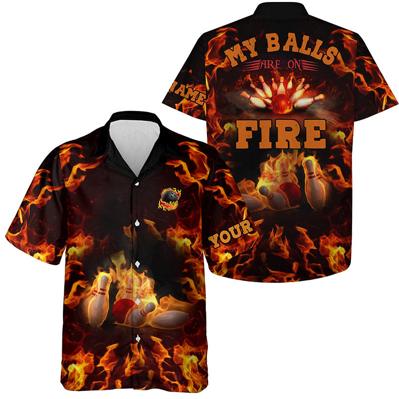 Flammen-Bowlinghemd, personalisiert: "My balls are on fire", Hawaiianisches Bowlinghemd für Herren, Bowlinghemd mit Knöpfen NQS4865