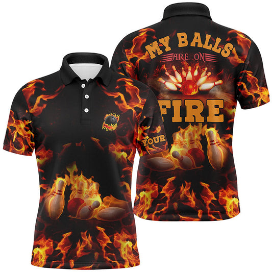 Flammen-Bowlinghemd, personalisierter Name: "My balls are on fire", Bowling-Poloshirts für Herren, Bowlingtrikot NQS4865