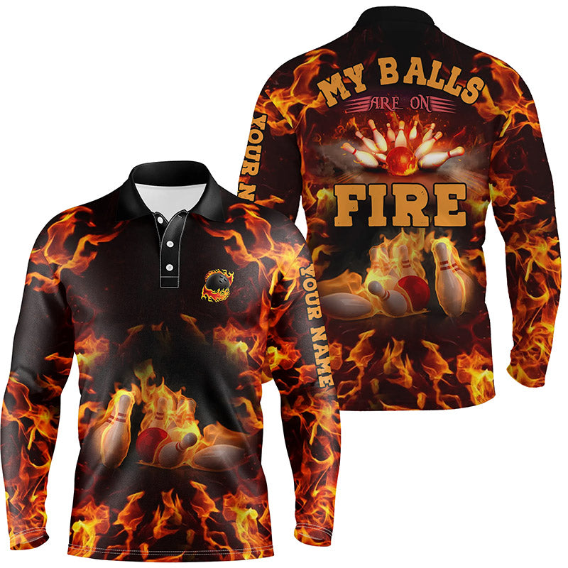 Flammen-Bowlinghemd, personalisierter Name: "My balls are on fire", Bowling-Poloshirts für Herren, Bowlingtrikot NQS4865