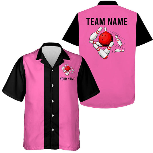 Personalisierte Pink-Schwarze Retro-Bowling-Hawaiian-Shirts – Individuelle Vintage-Team-Button-up-Shirts NQS6568