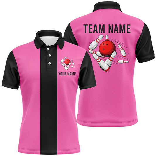 Personalisierte Pink-Schwarze Retro-Bowling-Poloshirts für Herren – Individuelle Vintage-Bowling-Team-Trikots NQS6568