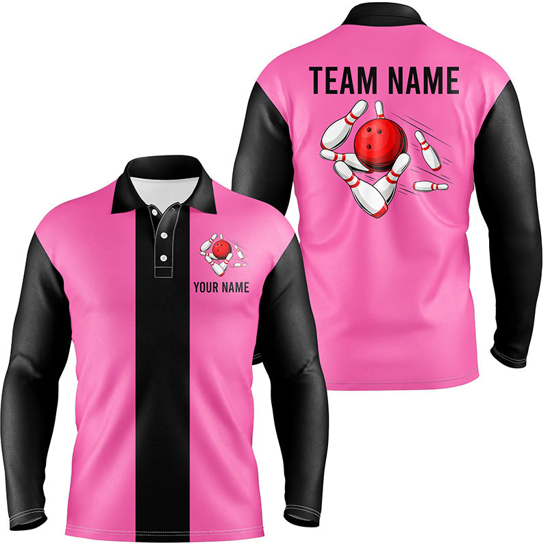 Personalisierte Pink-Schwarze Retro-Bowling-Poloshirts für Herren – Individuelle Vintage-Bowling-Team-Trikots NQS6568