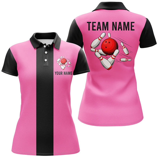 Personalisierte Pink-Schwarze Retro-Bowling-Poloshirts für Damen – Individuelle Vintage-Bowling-Team-Trikots NQS6568