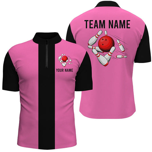 Personalisierte Pink-Schwarze Retro-Bowling-Quarter-Zip-Shirts für Herren – Individuelle Vintage-Bowling-Team-Trikots NQS6568