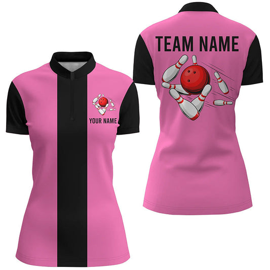 Personalisierte Pink-Schwarze Retro-Bowling-Quarter-Zip-Shirts für Damen – Individuelle Vintage-Bowling-Team-Trikots NQS6568