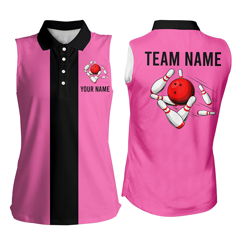 Personalisierte Pink-Schwarze Retro-Ärmellose Bowling-Poloshirts für Damen – Vintage-Bowling-Team-Trikots NQS6568