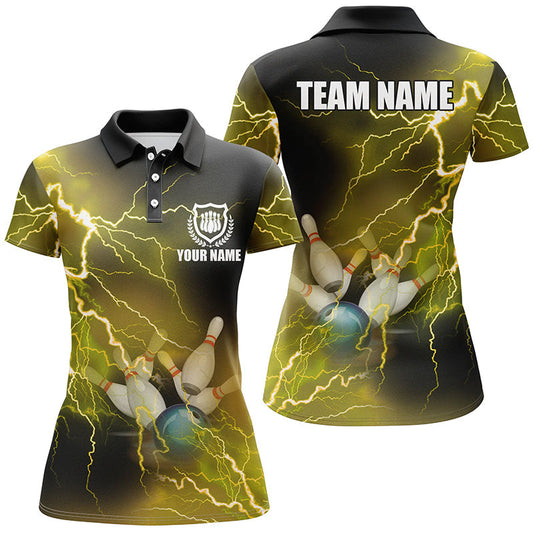 Damen-Bowling-Poloshirts – Individuelle gelbe Blitz-Bowling-Team-Trikots, Geschenk für Team-Bowler NQS6378