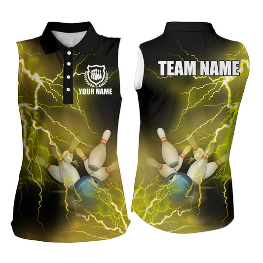 Damen-Ärmellose Bowling-Poloshirts – Individuelle gelbe Blitz-Bowling-Team-Trikots NQS6378