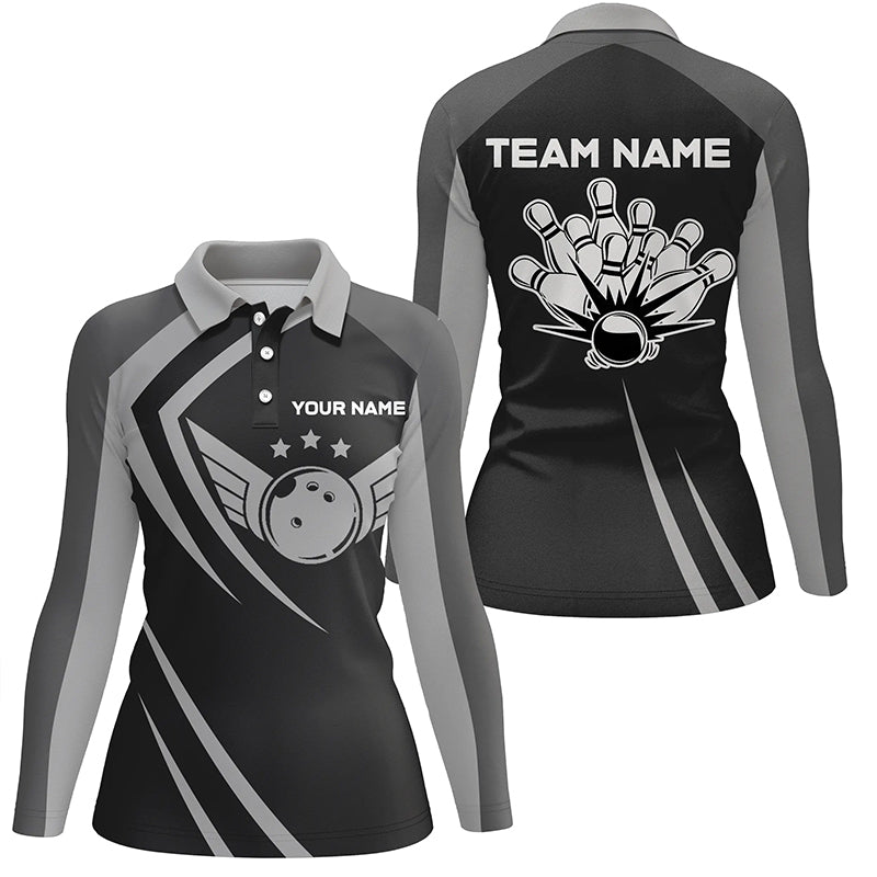 Schwarze Retro-Vintage-Bowling-Poloshirts für Damen – Individuelle Bowling-Team-Liga-Trikots NQS6593