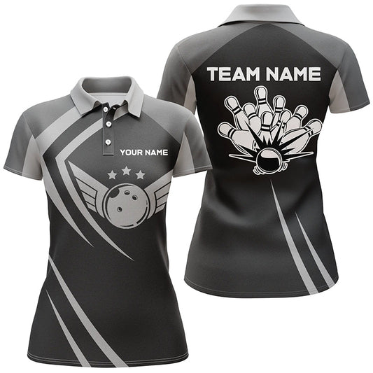 Schwarze Retro-Vintage-Bowling-Poloshirts für Damen – Individuelle Bowling-Team-Liga-Trikots NQS6593