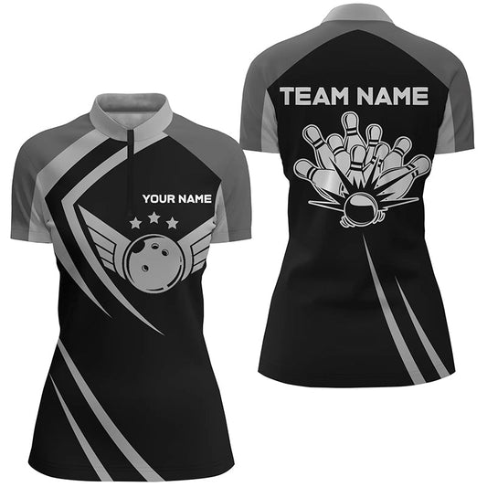 Schwarze Retro-Vintage-Bowling-Quarter-Zip-Shirts für Damen – Individuelle Bowling-Team-Liga-Trikots NQS6593