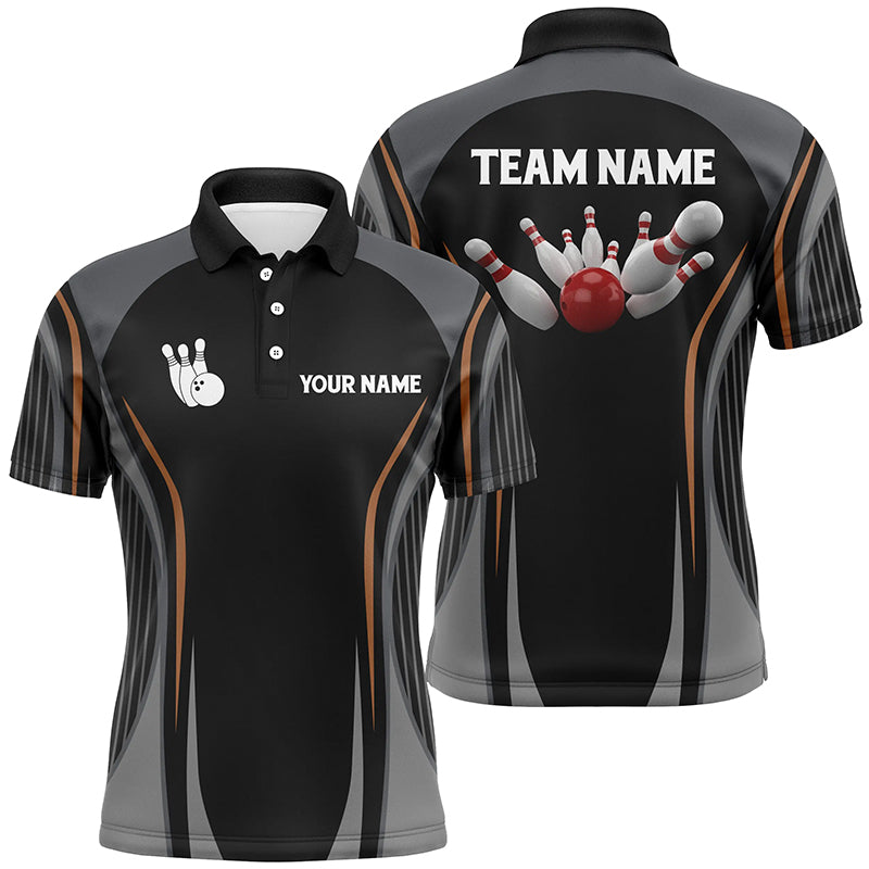 Bowling-Poloshirts für Herren, personalisierte Bowlingkugel und Pins, schwarze Vintage-Bowling-Teamtrikots NQS5246