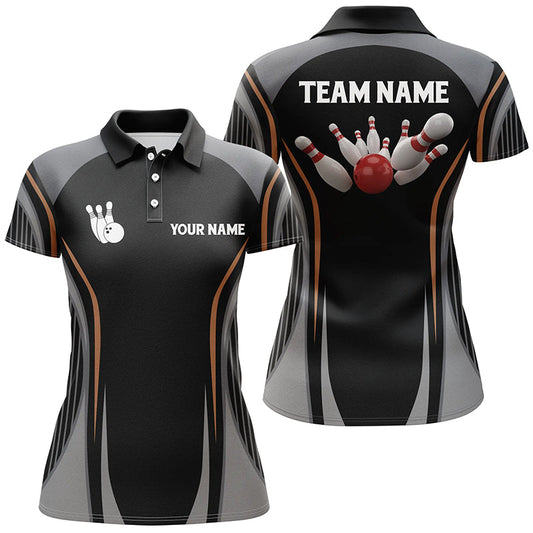 Bowling-Poloshirts für Damen, personalisierte Bowlingkugel und Pins, schwarze Vintage-Bowling-Teamtrikots NQS5246