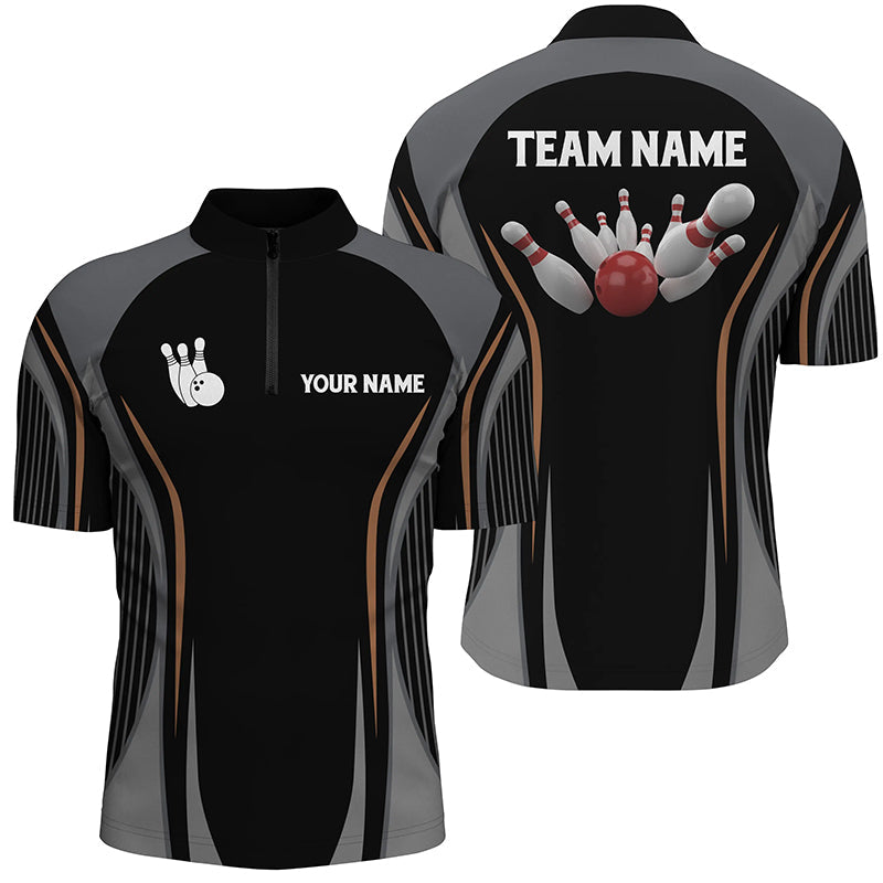 Bowlinghemden mit Viertelreißverschluss für Herren, personalisierte Bowlingkugel und Pins, schwarze Vintage-Bowling-Teamtrikots NQS5246