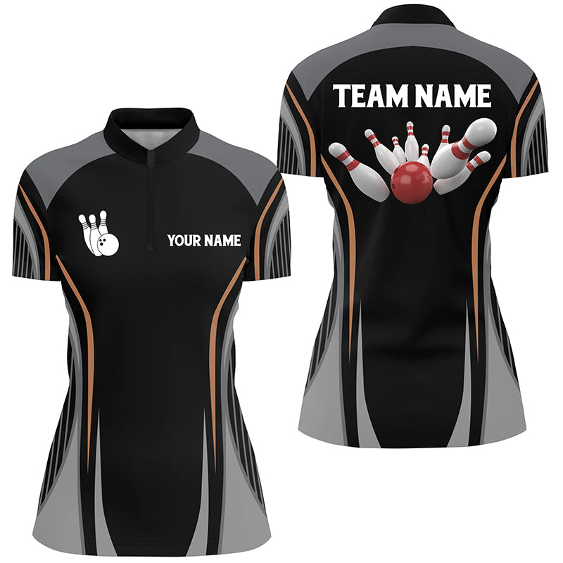 Bowlinghemden mit Viertelreißverschluss für Damen, personalisierte Bowlingkugel und Pins, schwarze Vintage-Bowling-Teamtrikots NQS5246