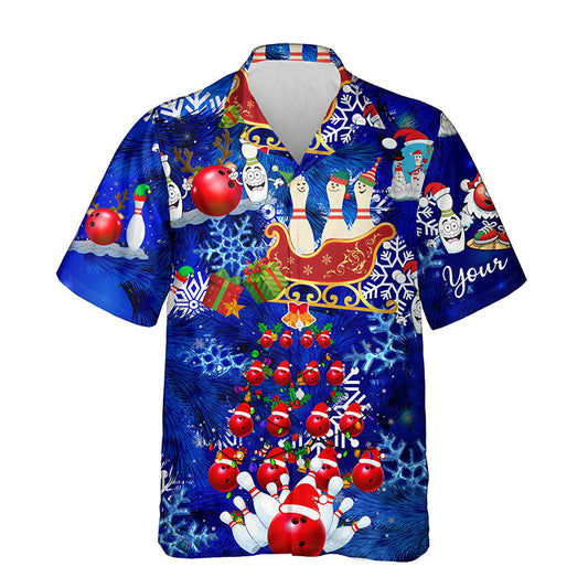 Personalisierte Blaue Weihnachtsmuster-Bowling-Santa-Hawaiian-Shirts – Individuelle Team-Button-up-Shirts NQS6617