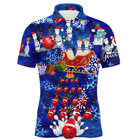 Herren-Bowling-Poloshirts – Individuelles Blaues Weihnachtsmuster, Bowling-Santa-Kugel & Pins Team-Trikots für Herren NQS6617