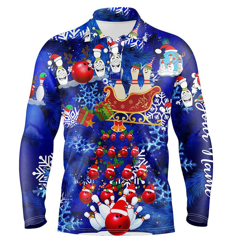 Herren-Bowling-Poloshirts – Individuelles Blaues Weihnachtsmuster, Bowling-Santa-Kugel & Pins Team-Trikots für Herren NQS6617