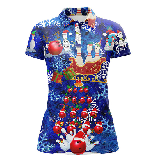 Damen-Bowling-Poloshirts – Individuelles Blaues Weihnachtsmuster, Bowling-Santa-Kugel & Pins Team-Trikots für Damen NQS6617