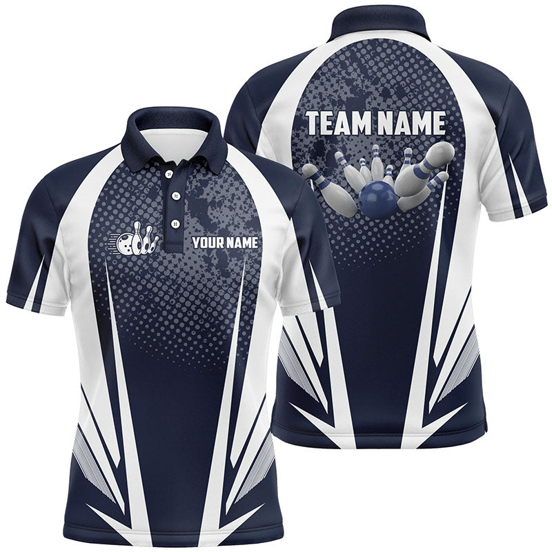 Herren-Kurzarm-Bowling-Poloshirt – Individuelle Bowlingkugel und Pins, Marineblau-Weiß Team-Bowler-Trikots NQS5964