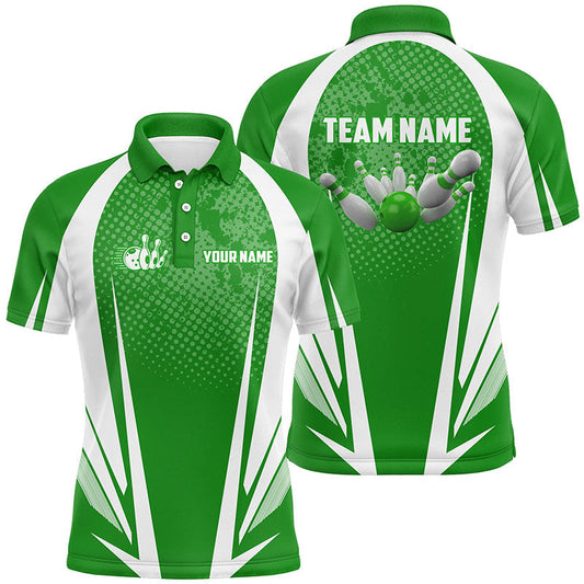 Herren-Kurzarm-Bowling-Poloshirt – Individuelle Bowlingkugel und Pins, Grün-Weiß Team-Bowler-Trikots NQS5965